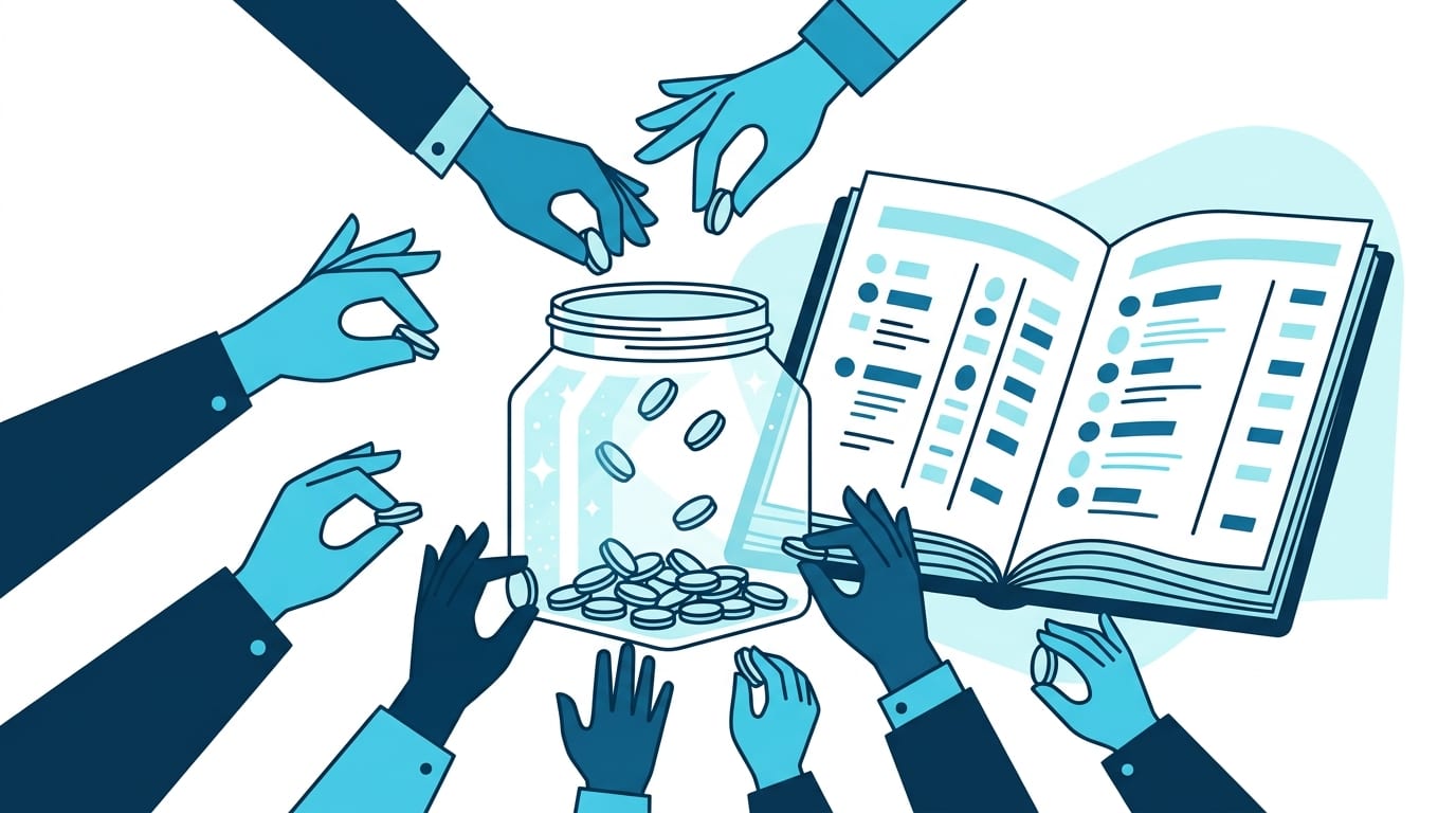 Illustration: Many hands of citizens donating coins to a transparent jar — transparency and grassroots funding, without tycoons